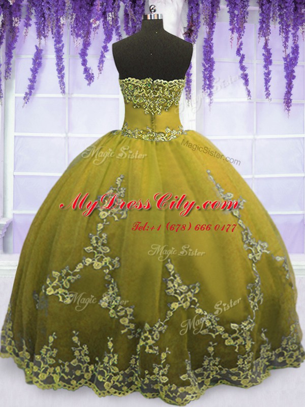 Sleeveless Floor Length Appliques Zipper Quince Ball Gowns with Olive Green