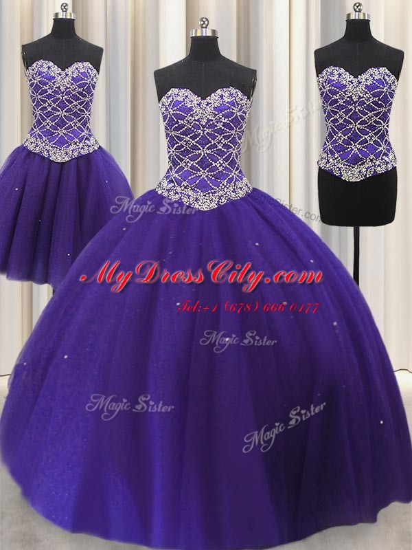 Comfortable Three Piece Sleeveless Tulle Floor Length Lace Up Quinceanera Dresses in Purple with Beading and Sequins