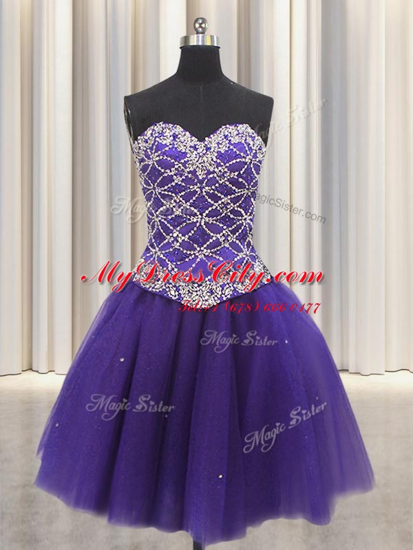 Comfortable Three Piece Sleeveless Tulle Floor Length Lace Up Quinceanera Dresses in Purple with Beading and Sequins