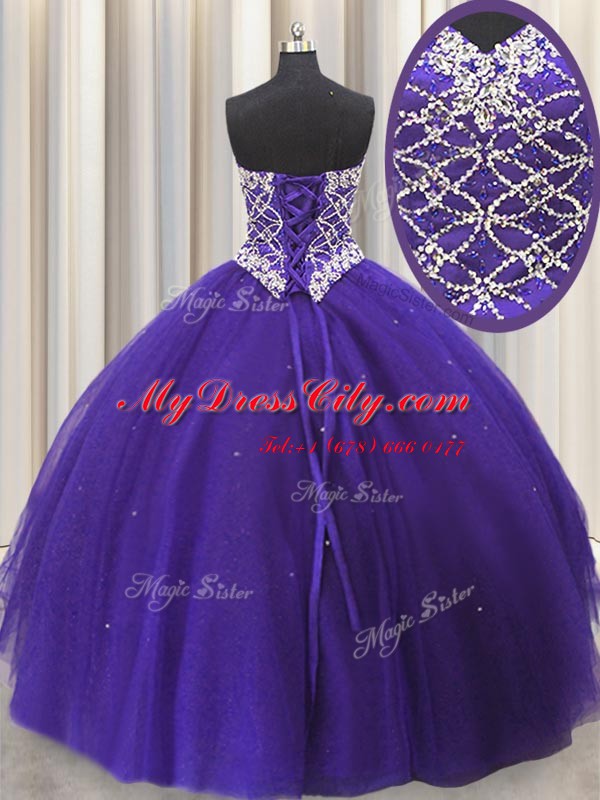 Comfortable Three Piece Sleeveless Tulle Floor Length Lace Up Quinceanera Dresses in Purple with Beading and Sequins