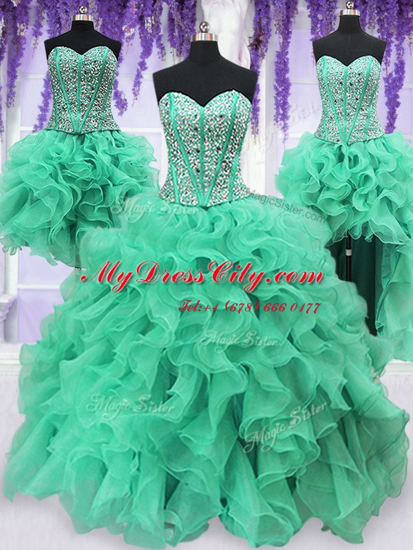 Fashionable Four Piece Organza Sleeveless Floor Length Quinceanera Dress and Ruffles and Sequins