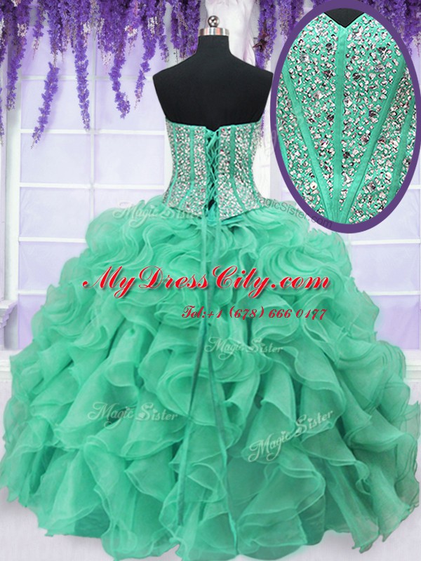 Fashionable Four Piece Organza Sleeveless Floor Length Quinceanera Dress and Ruffles and Sequins