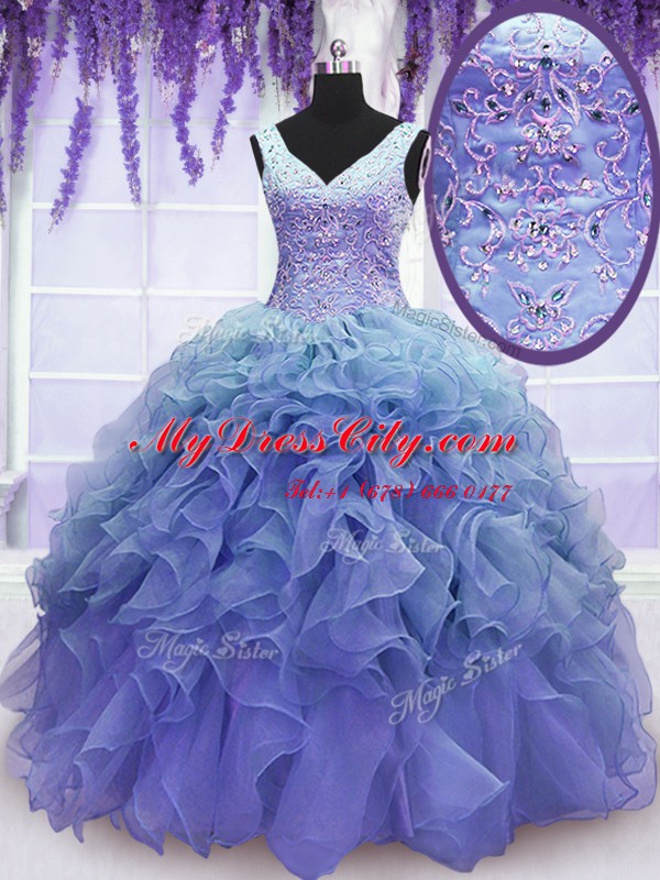 Purple Ball Gowns Organza V-neck Sleeveless Beading and Embroidery and Ruffles Floor Length Lace Up Quince Ball Gowns