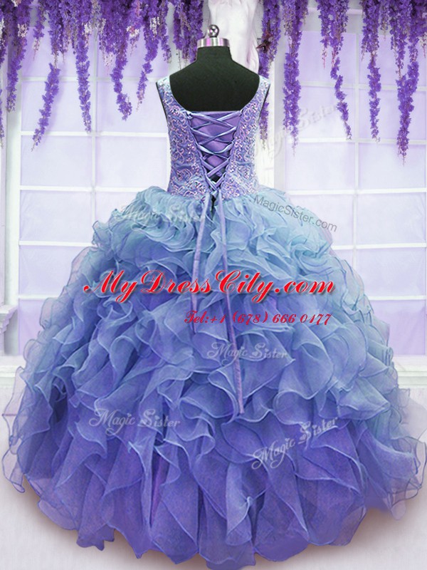 Purple Ball Gowns Organza V-neck Sleeveless Beading and Embroidery and Ruffles Floor Length Lace Up Quince Ball Gowns