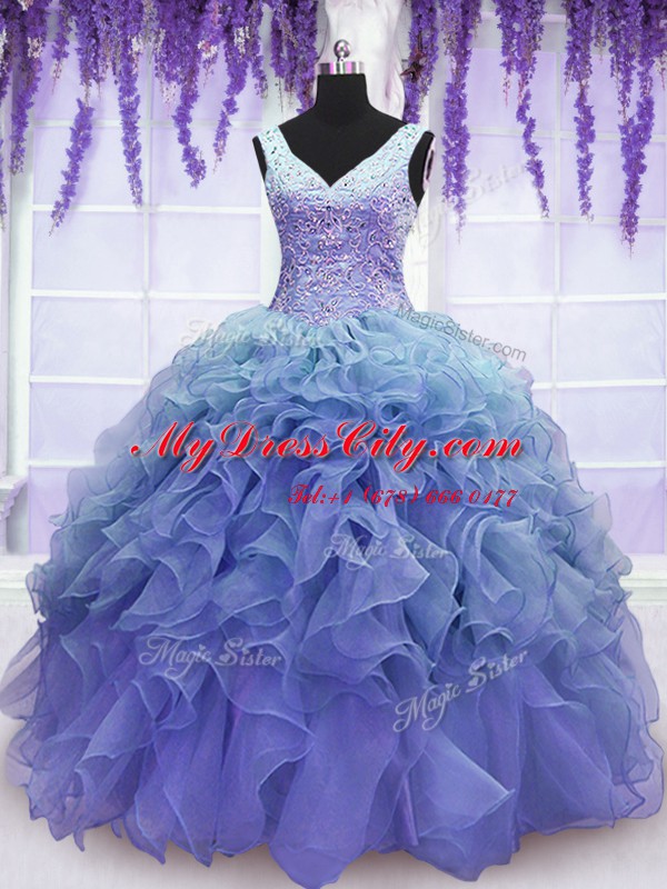 Purple Ball Gowns Organza V-neck Sleeveless Beading and Embroidery and Ruffles Floor Length Lace Up Quince Ball Gowns