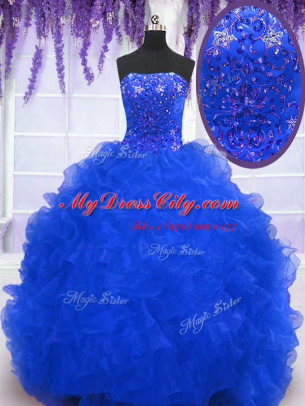 Strapless Sleeveless Brush Train Lace Up Quinceanera Dress Royal Blue Organza