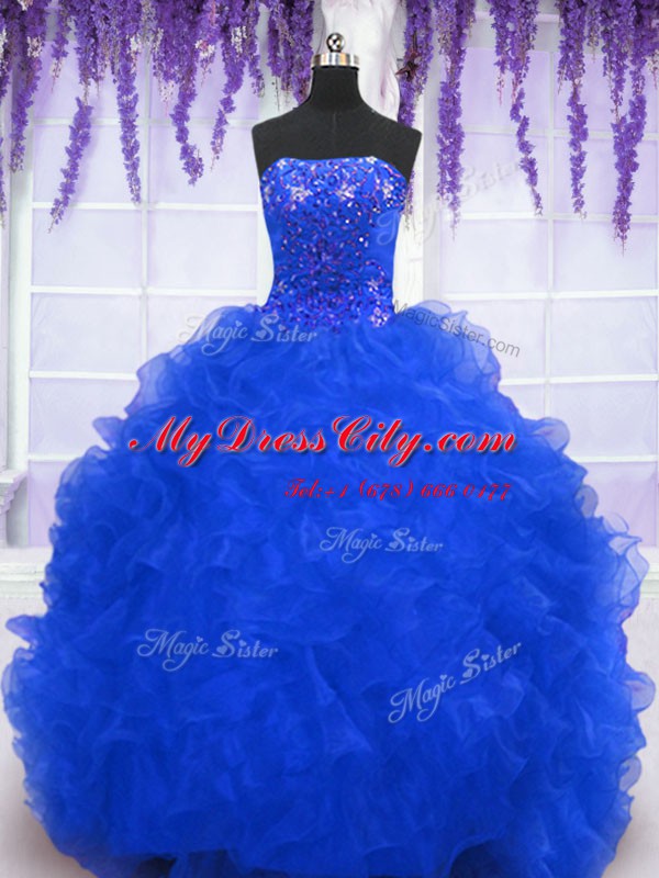 Strapless Sleeveless Brush Train Lace Up Quinceanera Dress Royal Blue Organza