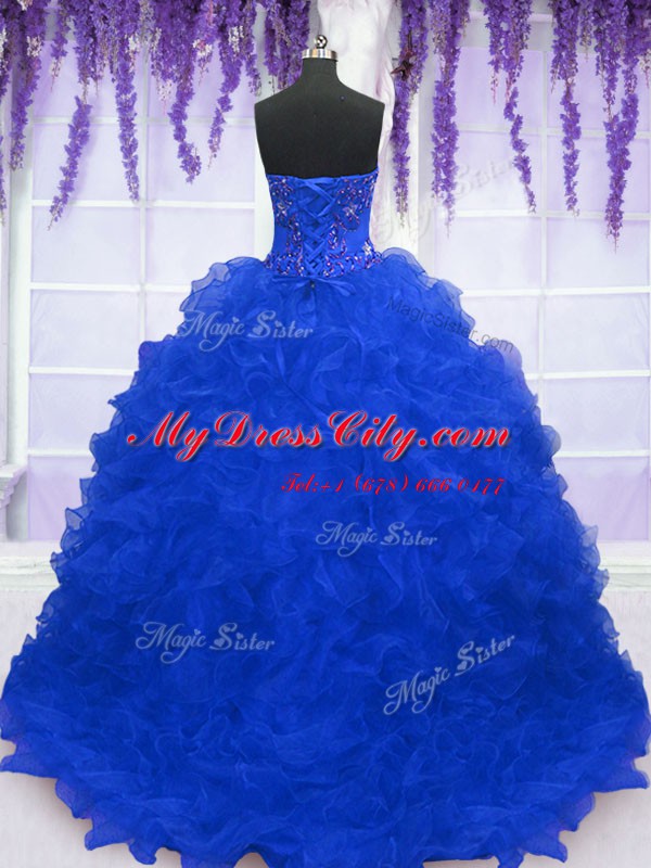 Strapless Sleeveless Brush Train Lace Up Quinceanera Dress Royal Blue Organza