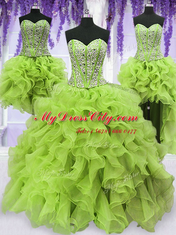 Low Price Four Piece Yellow Green Lace Up Quinceanera Gown Beading and Ruffles Sleeveless Floor Length