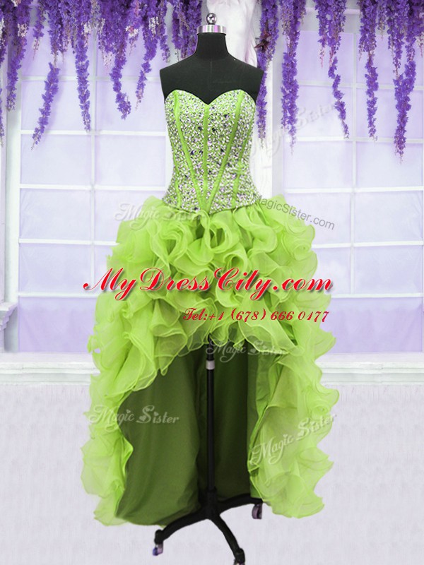 Low Price Four Piece Yellow Green Lace Up Quinceanera Gown Beading and Ruffles Sleeveless Floor Length