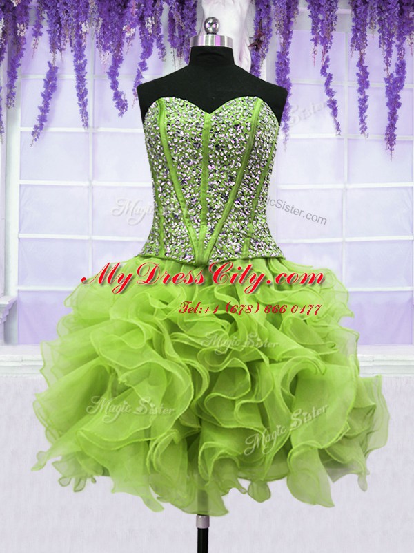 Low Price Four Piece Yellow Green Lace Up Quinceanera Gown Beading and Ruffles Sleeveless Floor Length