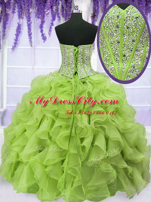 Low Price Four Piece Yellow Green Lace Up Quinceanera Gown Beading and Ruffles Sleeveless Floor Length