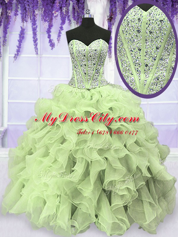 Luxurious Yellow Green Lace Up Sweetheart Beading and Ruffles Sweet 16 Dress Organza Sleeveless