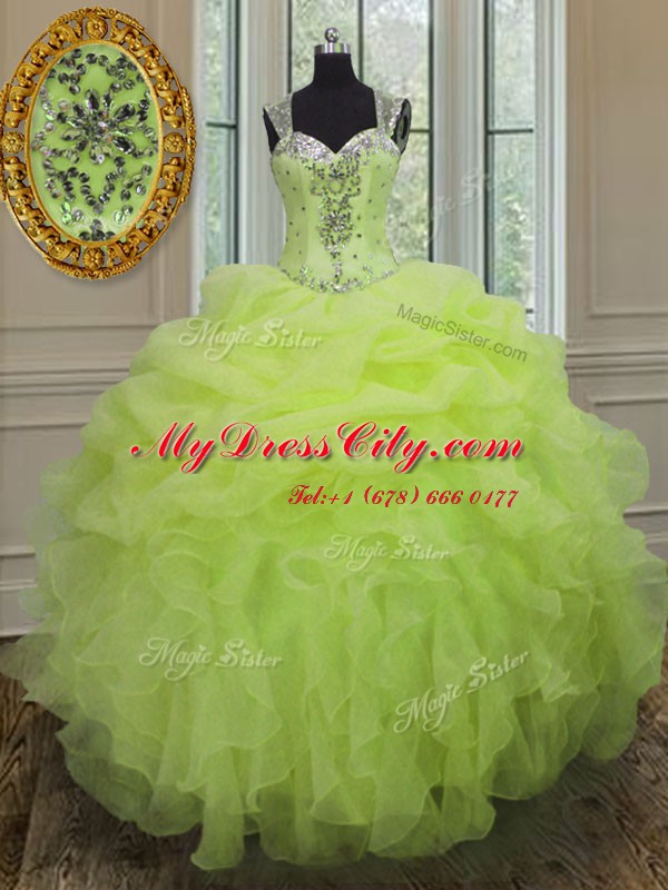 Excellent Straps Sleeveless Floor Length Beading and Ruffles Zipper Quince Ball Gowns with Yellow Green