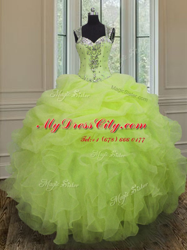 Excellent Straps Sleeveless Floor Length Beading and Ruffles Zipper Quince Ball Gowns with Yellow Green