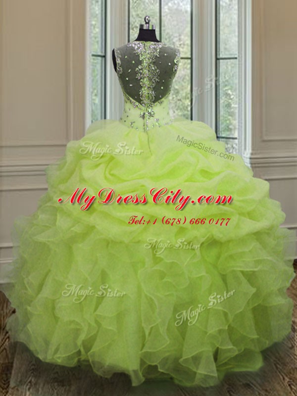 Excellent Straps Sleeveless Floor Length Beading and Ruffles Zipper Quince Ball Gowns with Yellow Green