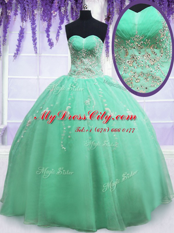 Fantastic Beading and Embroidery Sweet 16 Dress Apple Green Zipper Sleeveless Floor Length