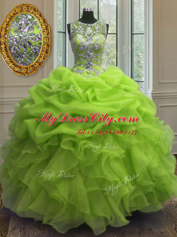 Organza Lace Up Scoop Sleeveless Floor Length Quinceanera Dresses Beading and Ruffles and Pick Ups