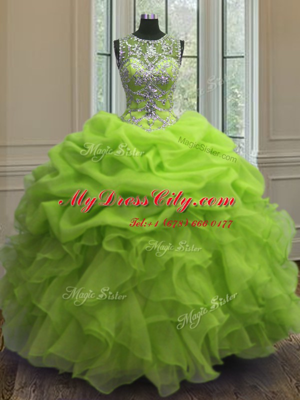 Organza Lace Up Scoop Sleeveless Floor Length Quinceanera Dresses Beading and Ruffles and Pick Ups