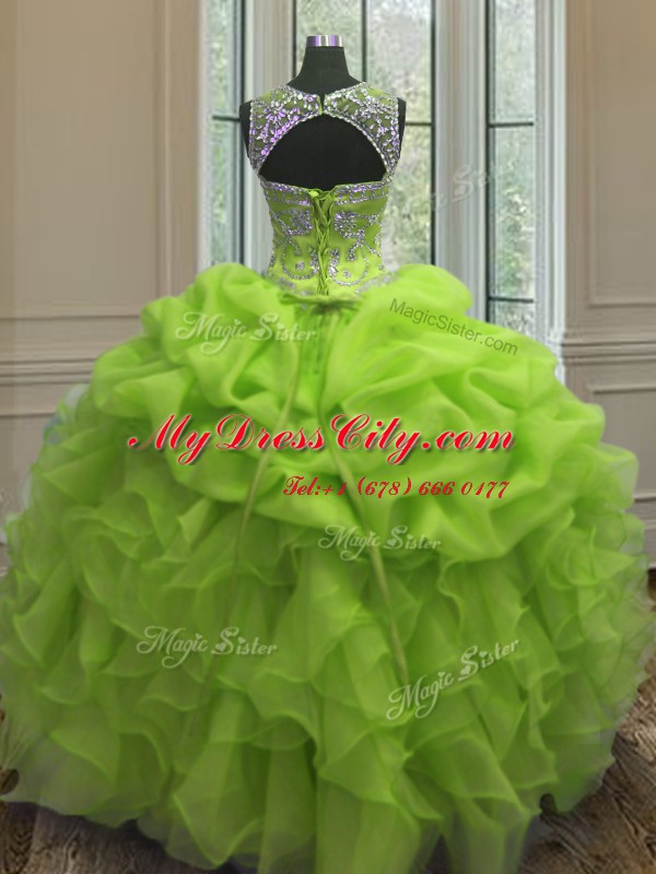 Organza Lace Up Scoop Sleeveless Floor Length Quinceanera Dresses Beading and Ruffles and Pick Ups