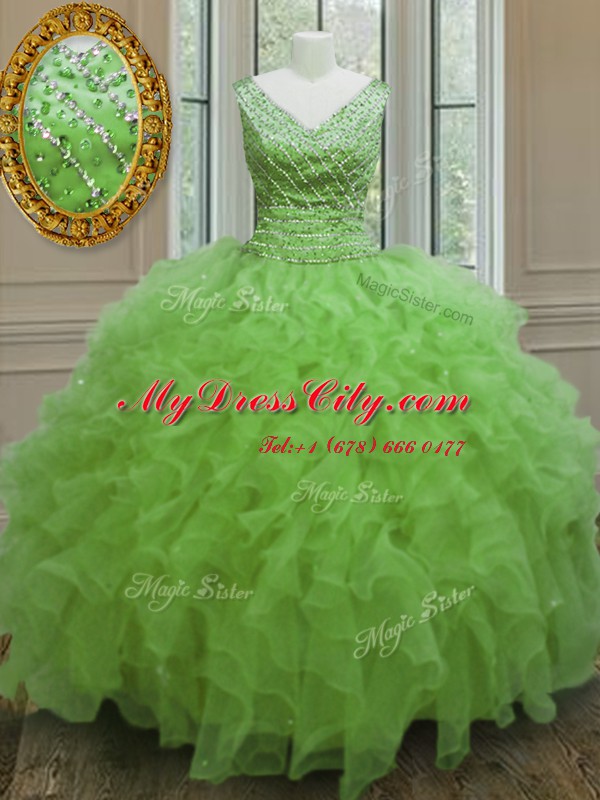 Sleeveless Floor Length Beading and Ruffles Zipper Sweet 16 Dress with