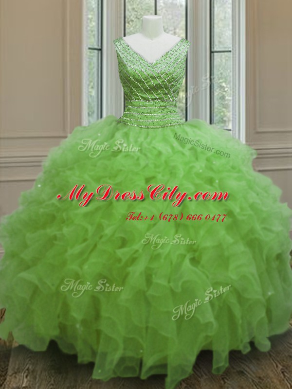 Sleeveless Floor Length Beading and Ruffles Zipper Sweet 16 Dress with