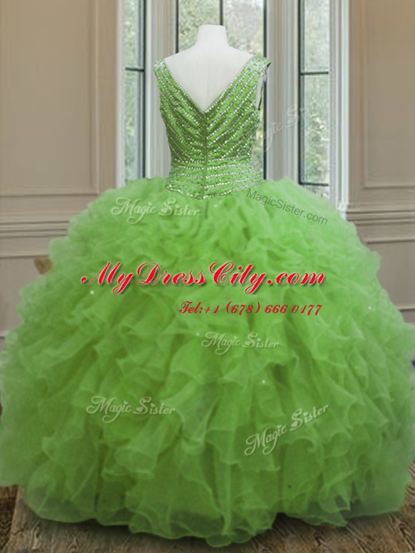 Sleeveless Floor Length Beading and Ruffles Zipper Sweet 16 Dress with