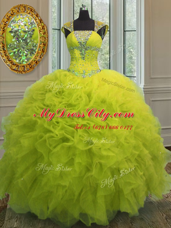 Straps Yellow Green Ball Gowns Beading and Ruffles and Sequins Quinceanera Dresses Lace Up Organza Cap Sleeves Floor Length