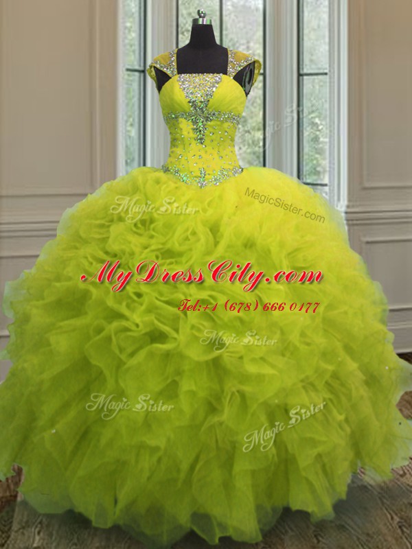 Straps Yellow Green Ball Gowns Beading and Ruffles and Sequins Quinceanera Dresses Lace Up Organza Cap Sleeves Floor Length