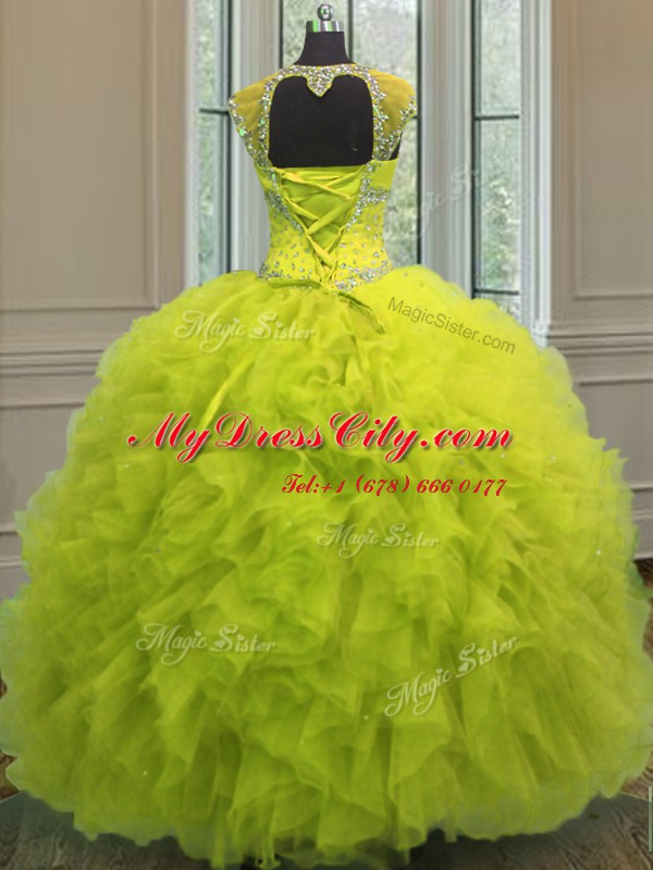 Straps Yellow Green Ball Gowns Beading and Ruffles and Sequins Quinceanera Dresses Lace Up Organza Cap Sleeves Floor Length