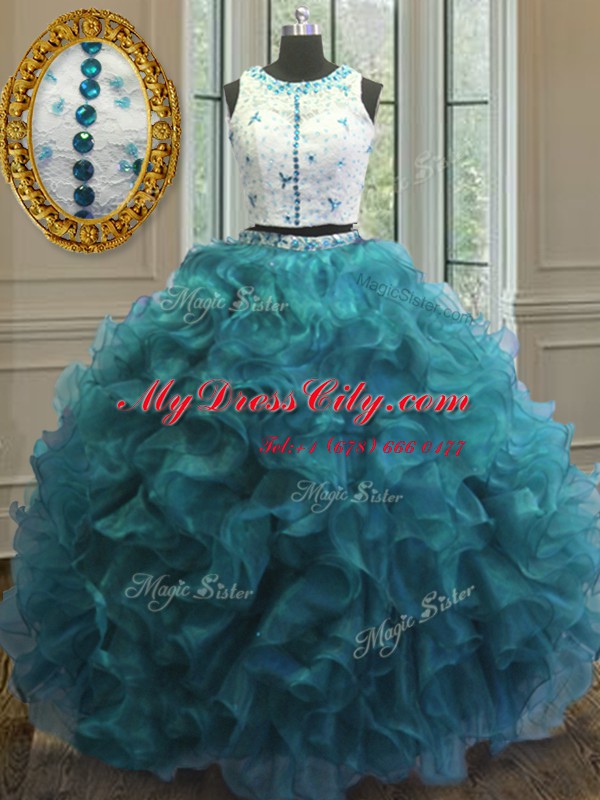 Scoop Clasp Handle Floor Length Teal Quince Ball Gowns Organza Sleeveless Beading and Ruffles