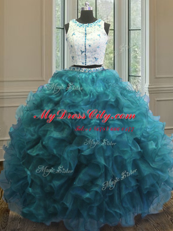 Scoop Clasp Handle Floor Length Teal Quince Ball Gowns Organza Sleeveless Beading and Ruffles