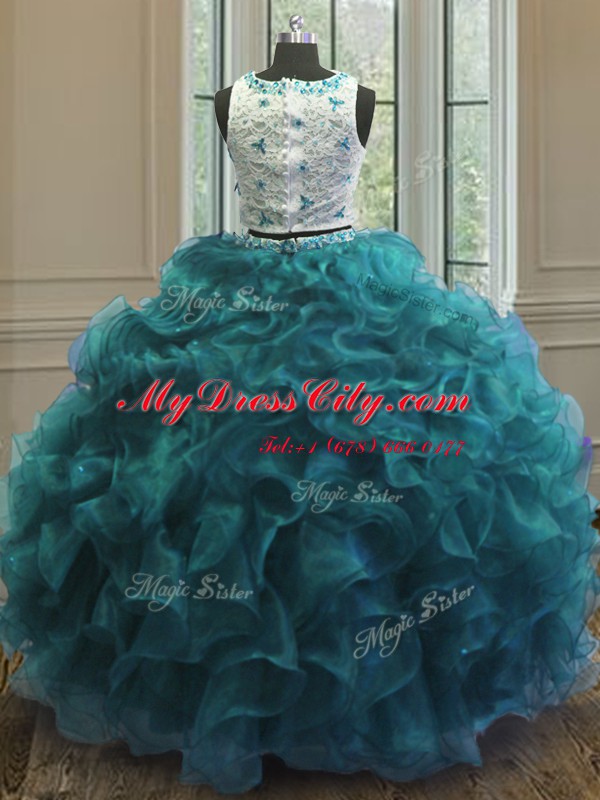 Scoop Clasp Handle Floor Length Teal Quince Ball Gowns Organza Sleeveless Beading and Ruffles