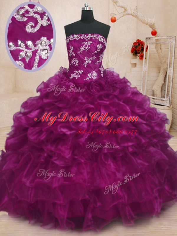 Fuchsia Ball Gowns Strapless Sleeveless Organza Floor Length Lace Up Beading and Appliques and Ruffles Ball Gown Prom Dress