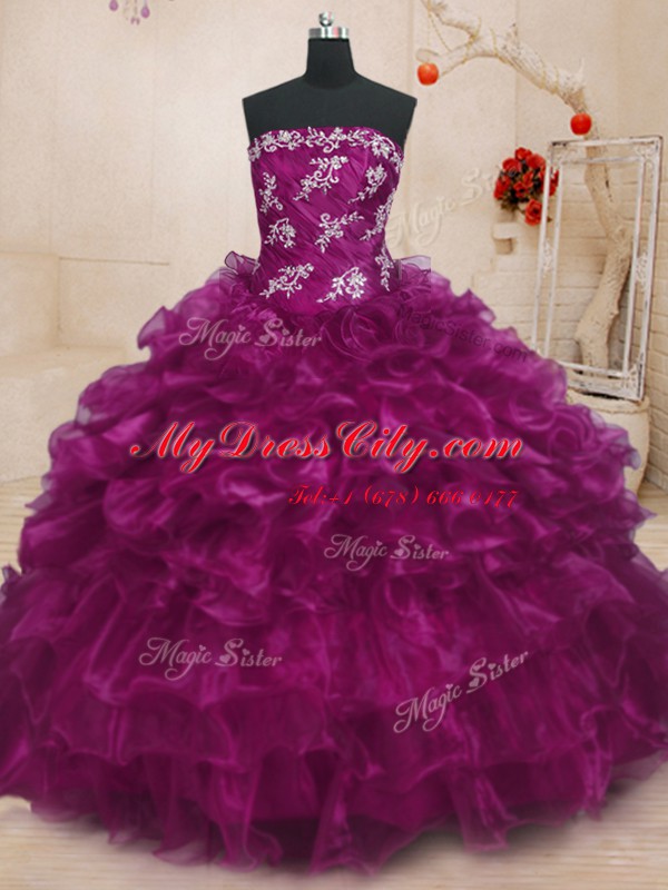 Fuchsia Ball Gowns Strapless Sleeveless Organza Floor Length Lace Up Beading and Appliques and Ruffles Ball Gown Prom Dress