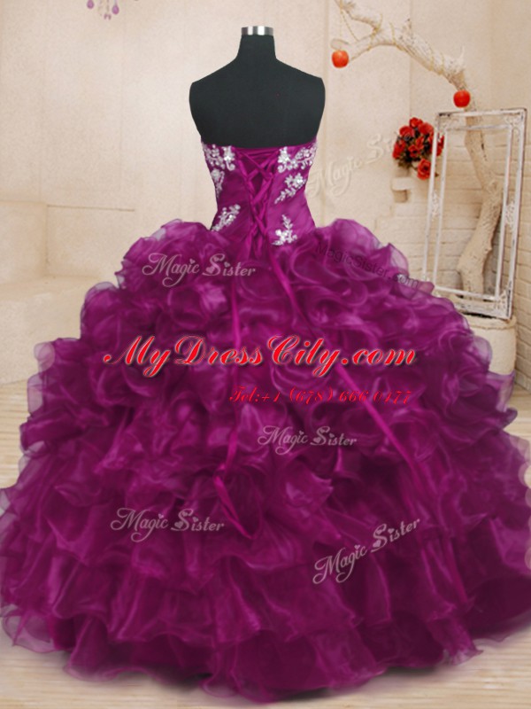 Fuchsia Ball Gowns Strapless Sleeveless Organza Floor Length Lace Up Beading and Appliques and Ruffles Ball Gown Prom Dress