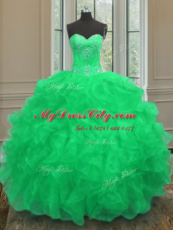 Sweetheart Sleeveless Lace Up Sweet 16 Dresses Green Organza