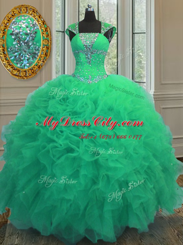 Best Selling Turquoise Organza Lace Up Straps Cap Sleeves Floor Length Quinceanera Gown Beading and Ruffles and Sequins