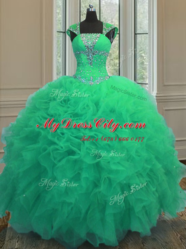 Best Selling Turquoise Organza Lace Up Straps Cap Sleeves Floor Length Quinceanera Gown Beading and Ruffles and Sequins