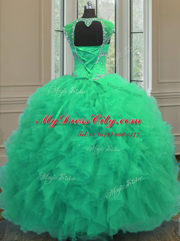 Best Selling Turquoise Organza Lace Up Straps Cap Sleeves Floor Length Quinceanera Gown Beading and Ruffles and Sequins