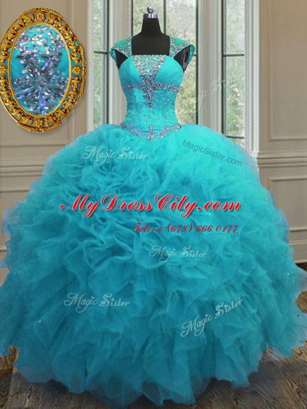 Fancy Straps Sequins Floor Length Ball Gowns Cap Sleeves Aqua Blue 15 Quinceanera Dress Lace Up