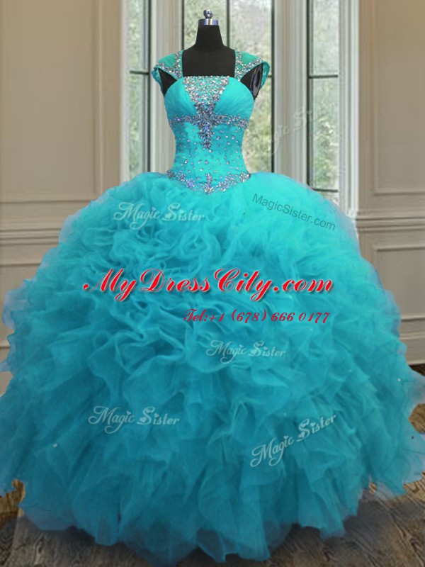 Fancy Straps Sequins Floor Length Ball Gowns Cap Sleeves Aqua Blue 15 Quinceanera Dress Lace Up