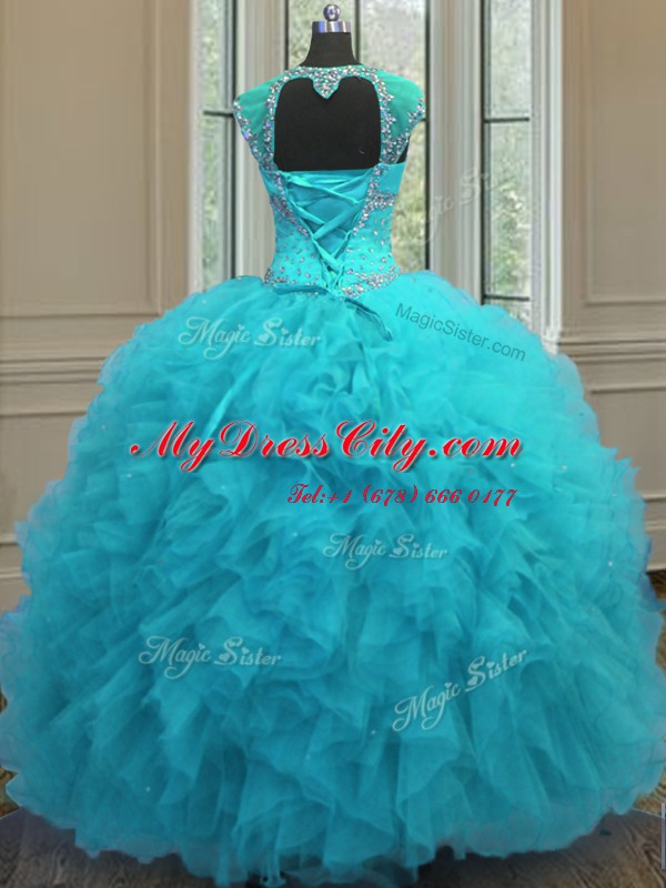 Fancy Straps Sequins Floor Length Ball Gowns Cap Sleeves Aqua Blue 15 Quinceanera Dress Lace Up