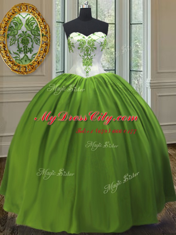 Luxury Olive Green Ball Gowns Sweetheart Sleeveless Taffeta Floor Length Lace Up Embroidery Sweet 16 Dresses