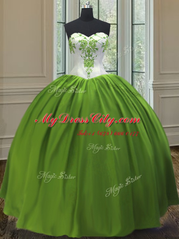 Luxury Olive Green Ball Gowns Sweetheart Sleeveless Taffeta Floor Length Lace Up Embroidery Sweet 16 Dresses