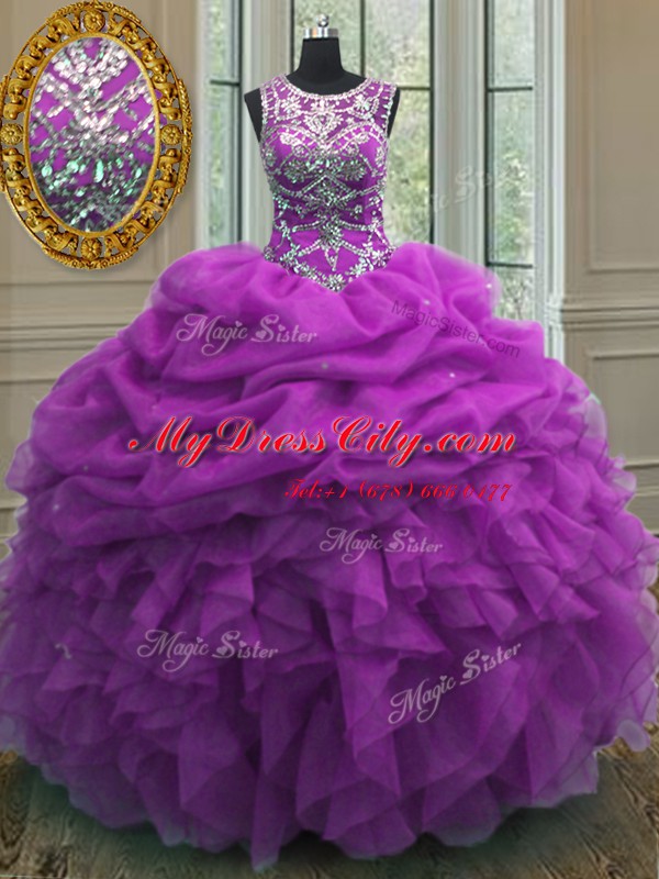 Scoop Organza Sleeveless Floor Length Quinceanera Gowns and Beading and Ruffles and Pick Ups