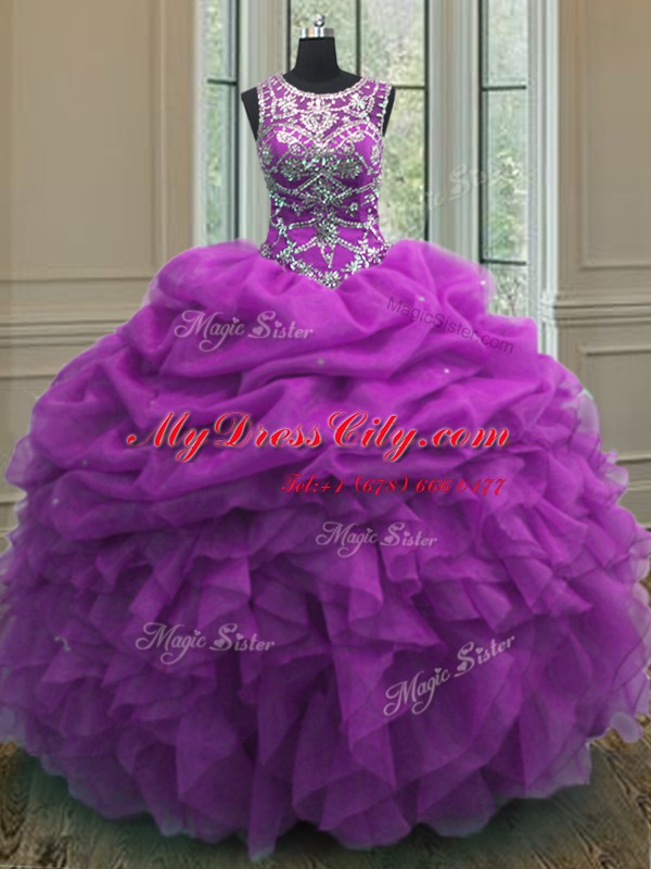 Scoop Organza Sleeveless Floor Length Quinceanera Gowns and Beading and Ruffles and Pick Ups