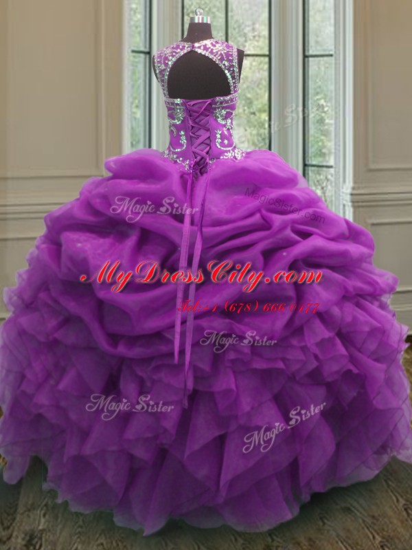 Scoop Organza Sleeveless Floor Length Quinceanera Gowns and Beading and Ruffles and Pick Ups