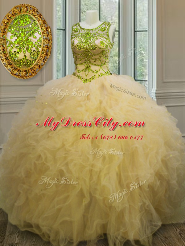 Light Yellow Quinceanera Gowns Military Ball and Sweet 16 and Quinceanera and For with Beading and Ruffles Scoop Sleeveless Lace Up