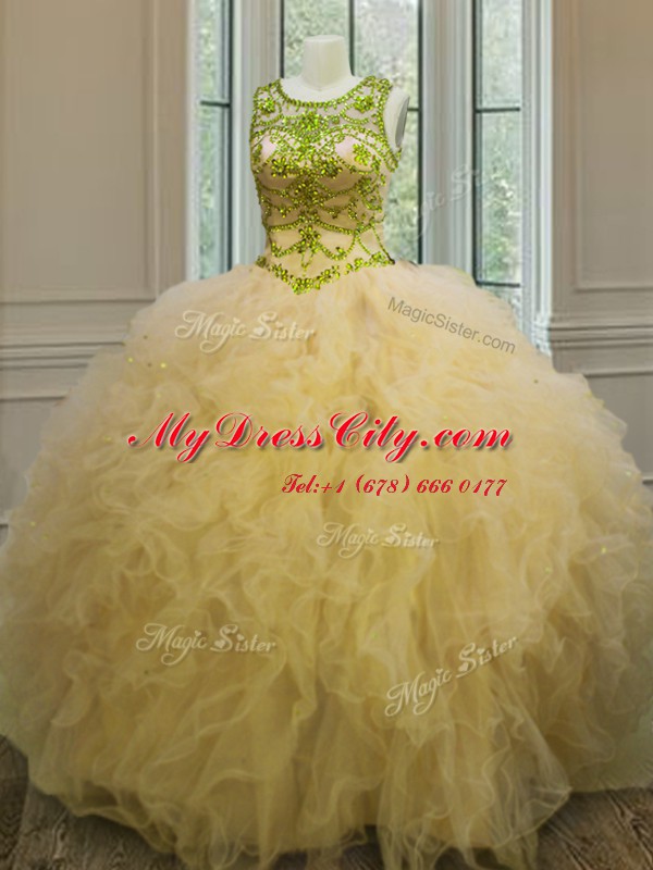 Light Yellow Quinceanera Gowns Military Ball and Sweet 16 and Quinceanera and For with Beading and Ruffles Scoop Sleeveless Lace Up